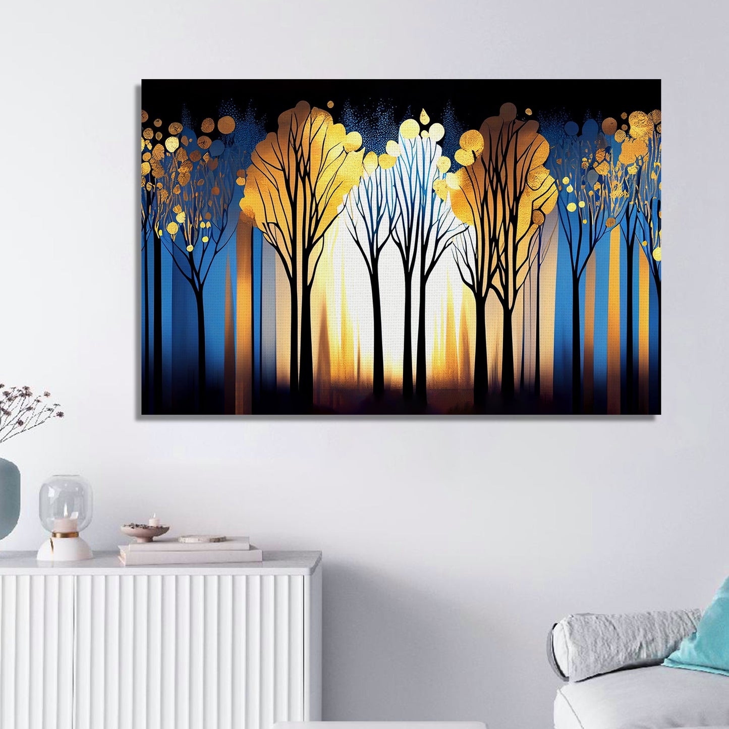 Blue and Golden Forest Canvas Painting for Home Decor - Modern Art Canvas