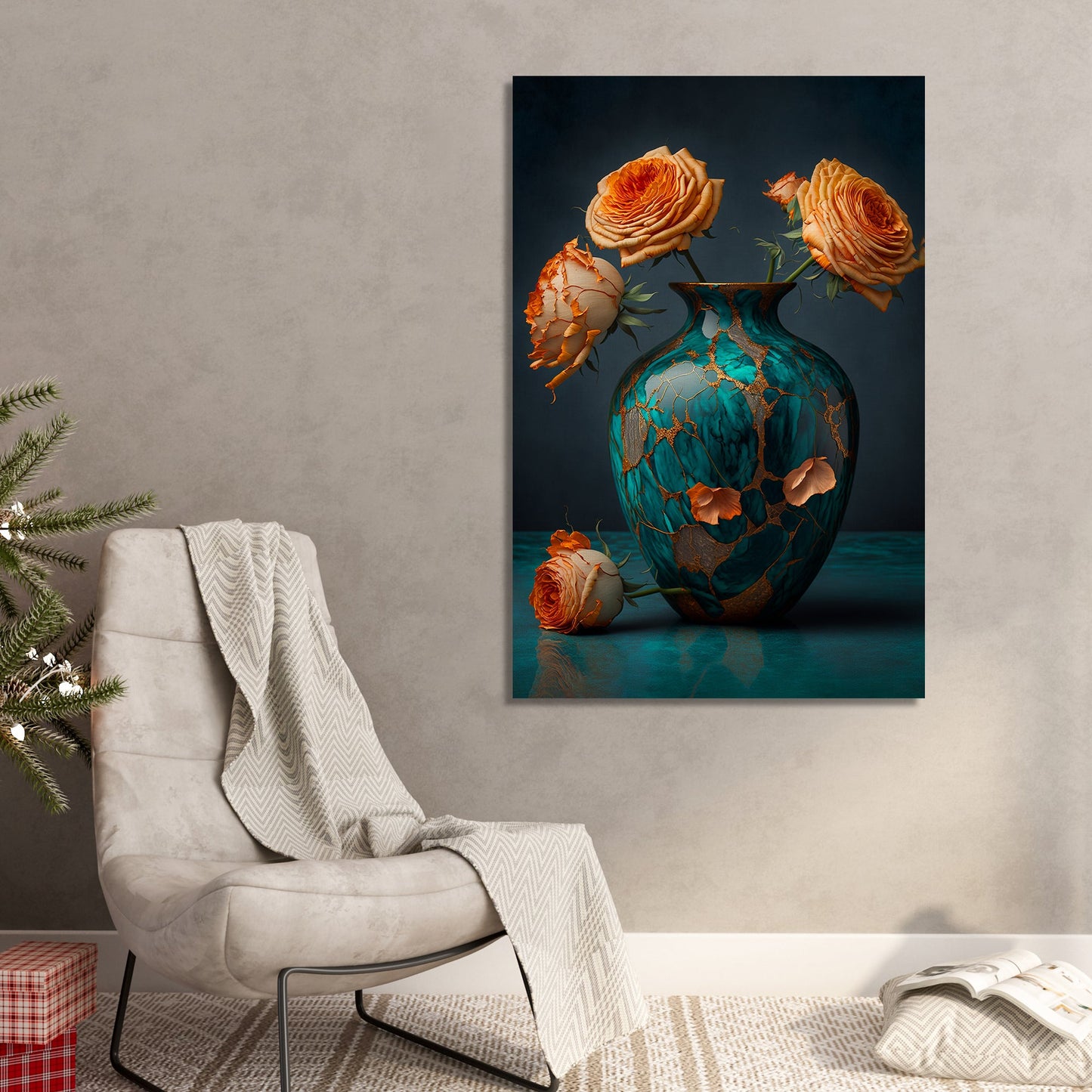 Beautiful Green and Peach Floral Canvas Painting for Living Room Bedrooms Home and Office Wall