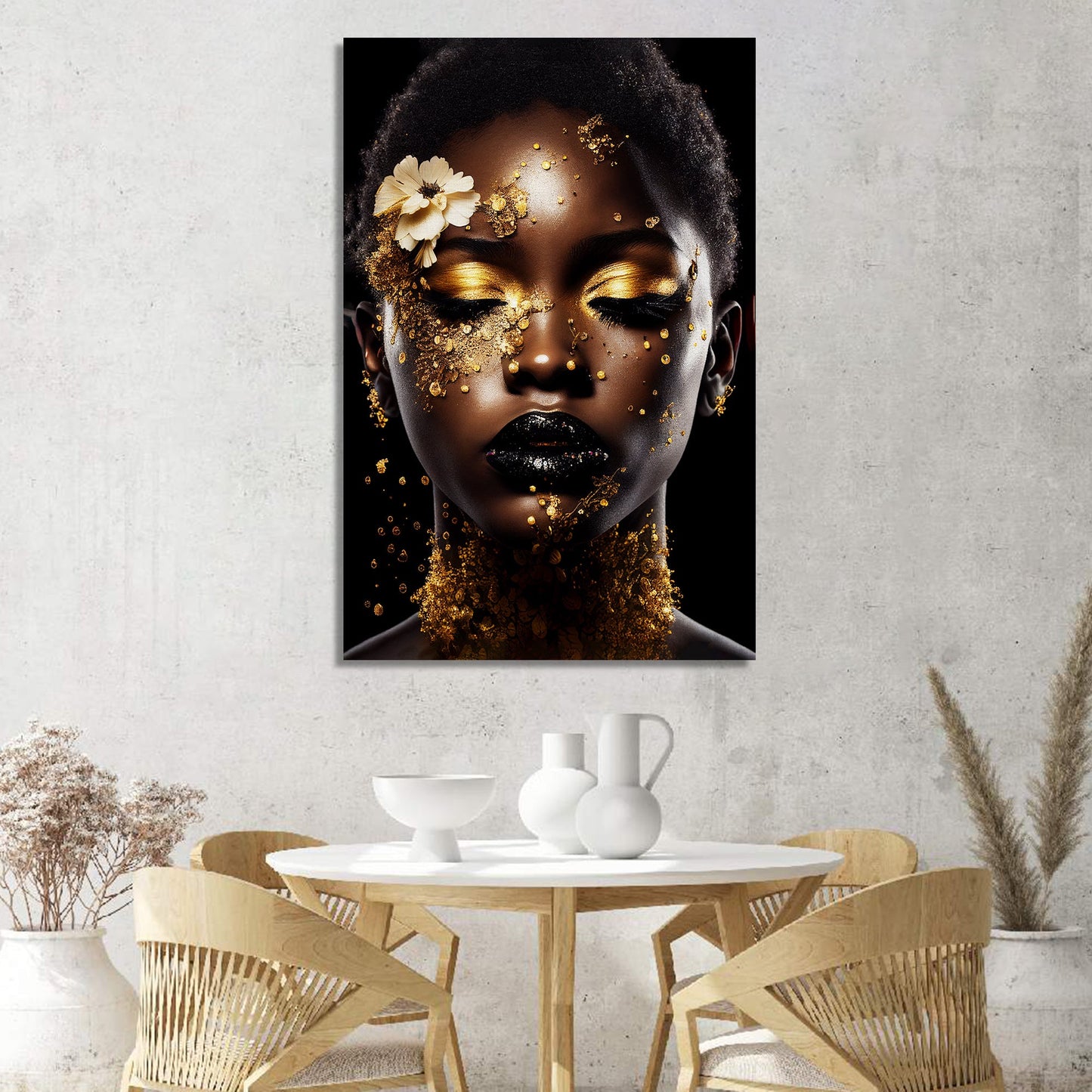 Luxury Black and Golden Afro Woman Canvas Painting for Wall Decor