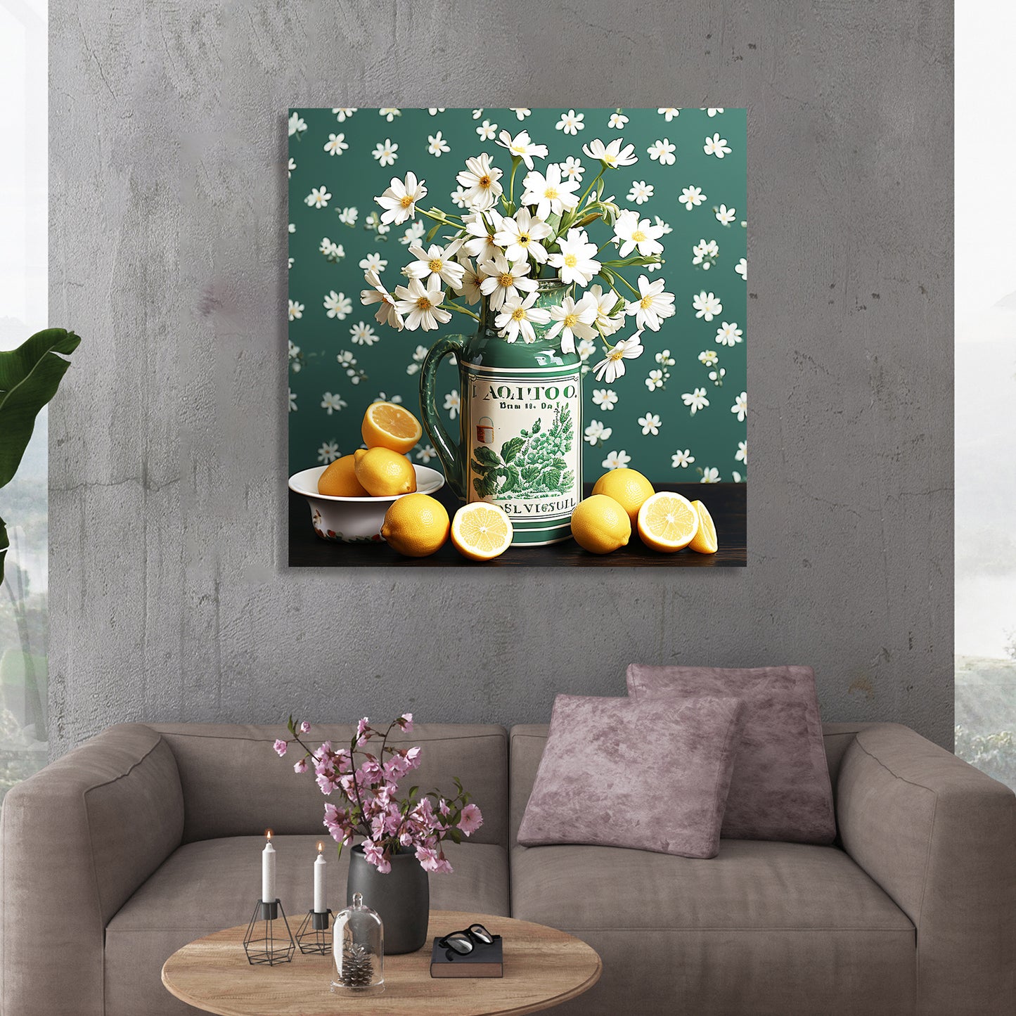 Green and White Floral Art Canvas Painting for Living Room Bedroom Home and Office Wall Decor