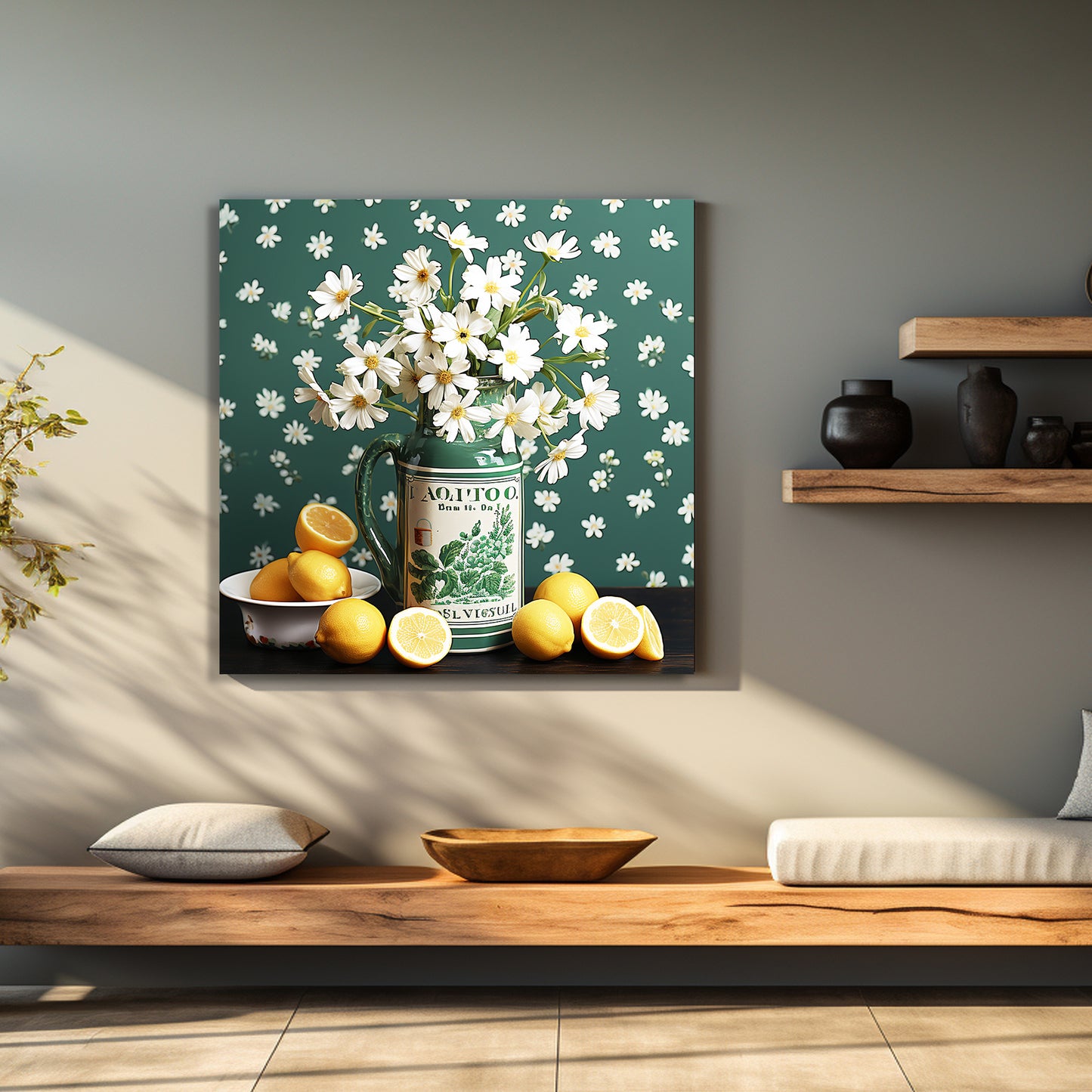 Green and White Floral Art Canvas Painting for Living Room Bedroom Home and Office Wall Decor