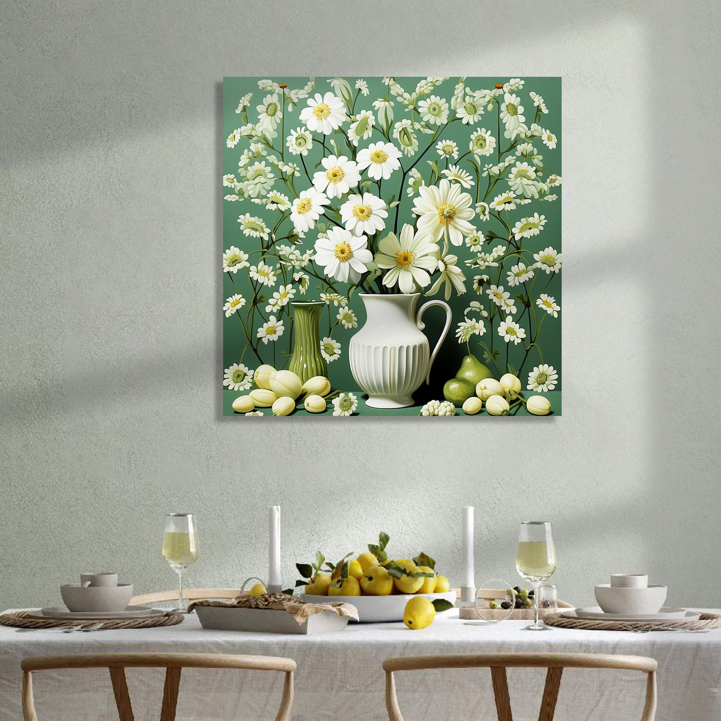 Green and White Floral Art Canvas Painting for Living Room Bedroom Home and Office Wall Decor