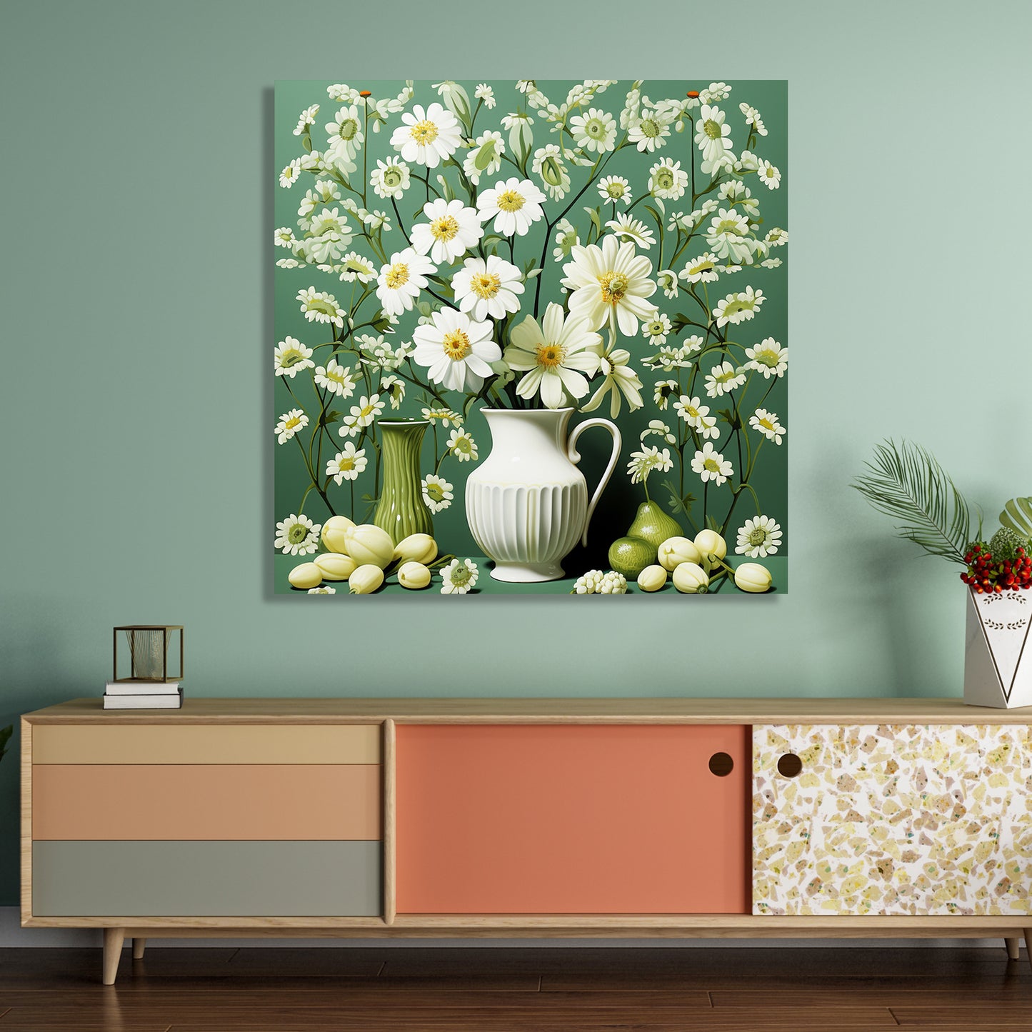 Green and White Floral Art Canvas Painting for Living Room Bedroom Home and Office Wall Decor