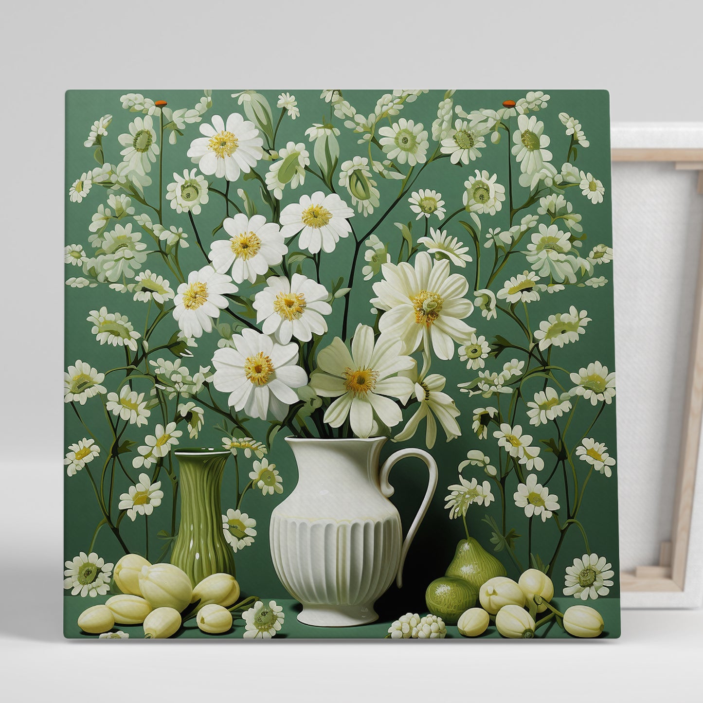 Green and White Floral Art Canvas Painting for Living Room Bedroom Home and Office Wall Decor