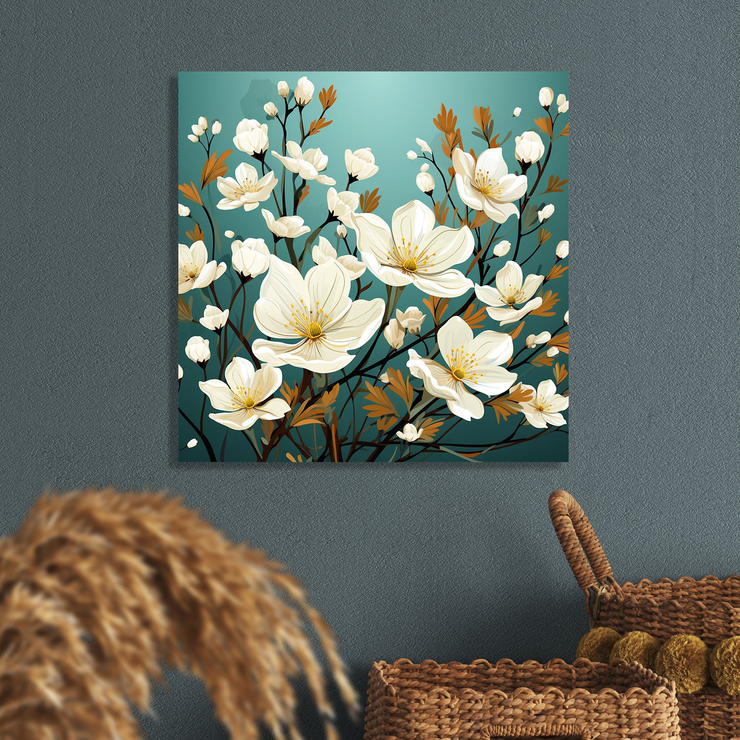 Green and White Floral Canvas Painting for Living Room Bedroom Home and Office Wall Decor