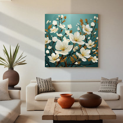 Green and White Floral Canvas Painting for Living Room Bedroom Home and Office Wall Decor