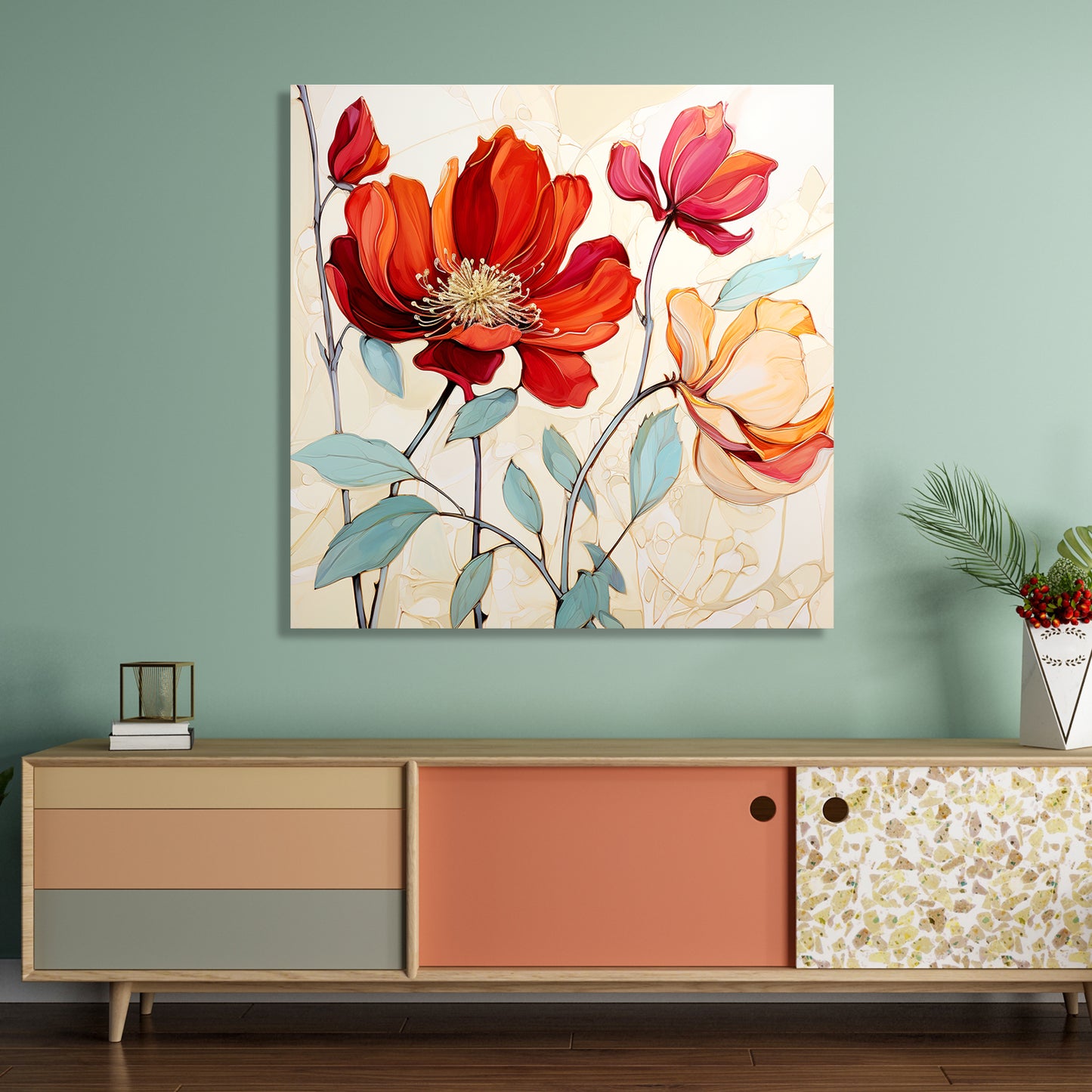 Vibrant Red Floral Canvas Painting for Living Room Bedroom Home and Office Wall Decor