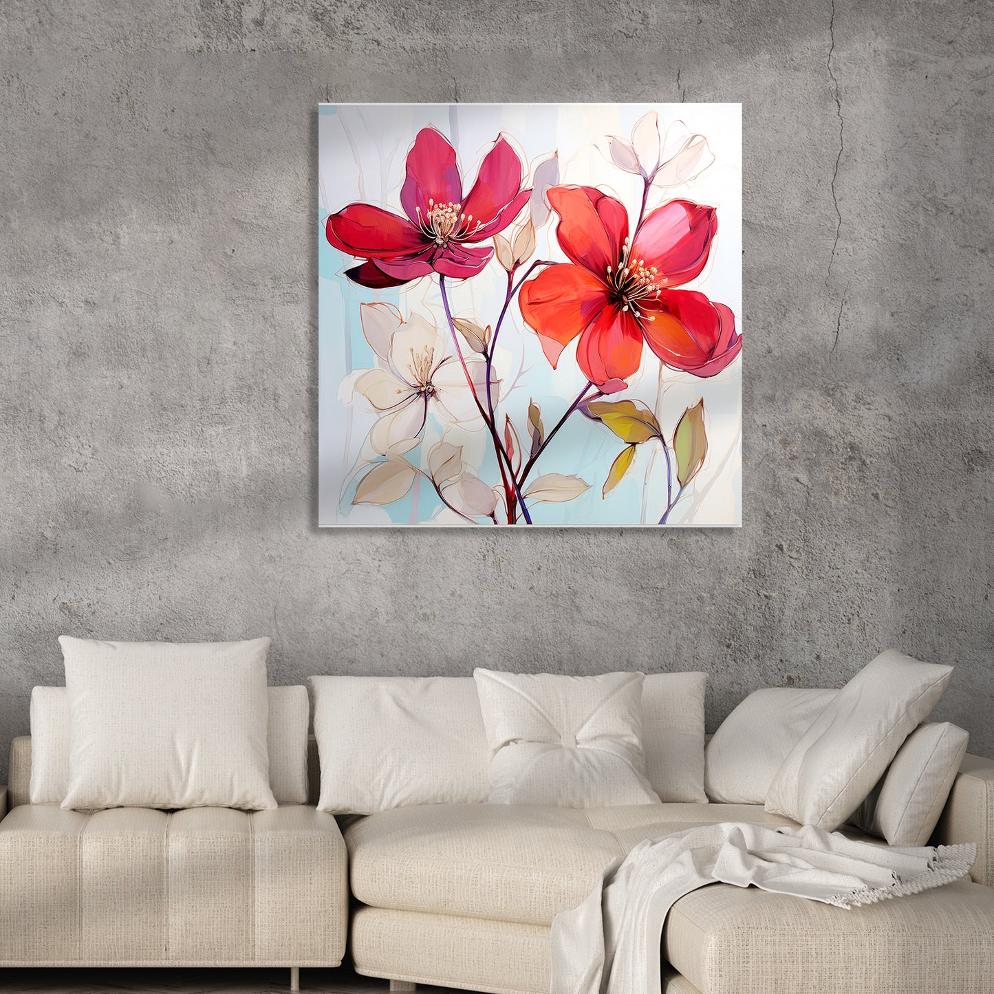 Vibrant Red Floral Canvas Painting for Living Room Bedroom Home and Office Wall Decor