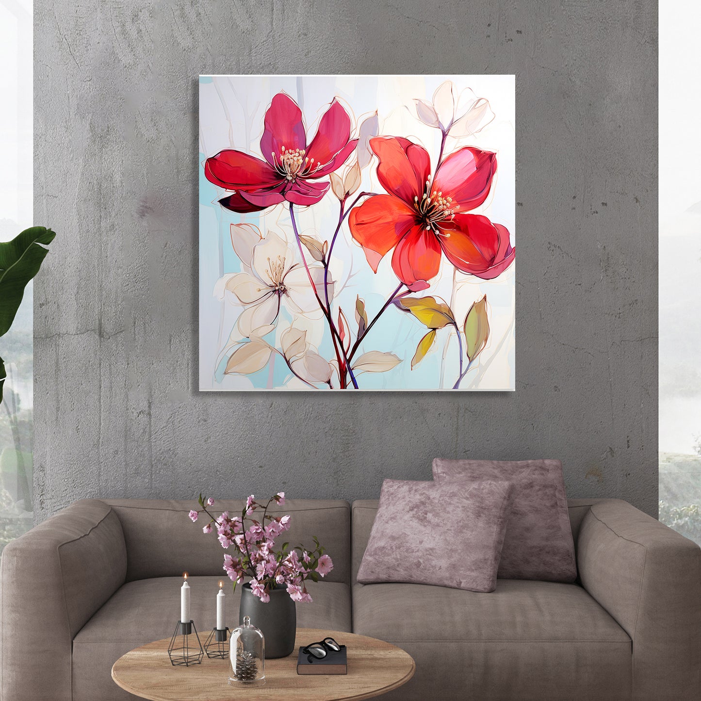 Vibrant Red Floral Canvas Painting for Living Room Bedroom Home and Office Wall Decor