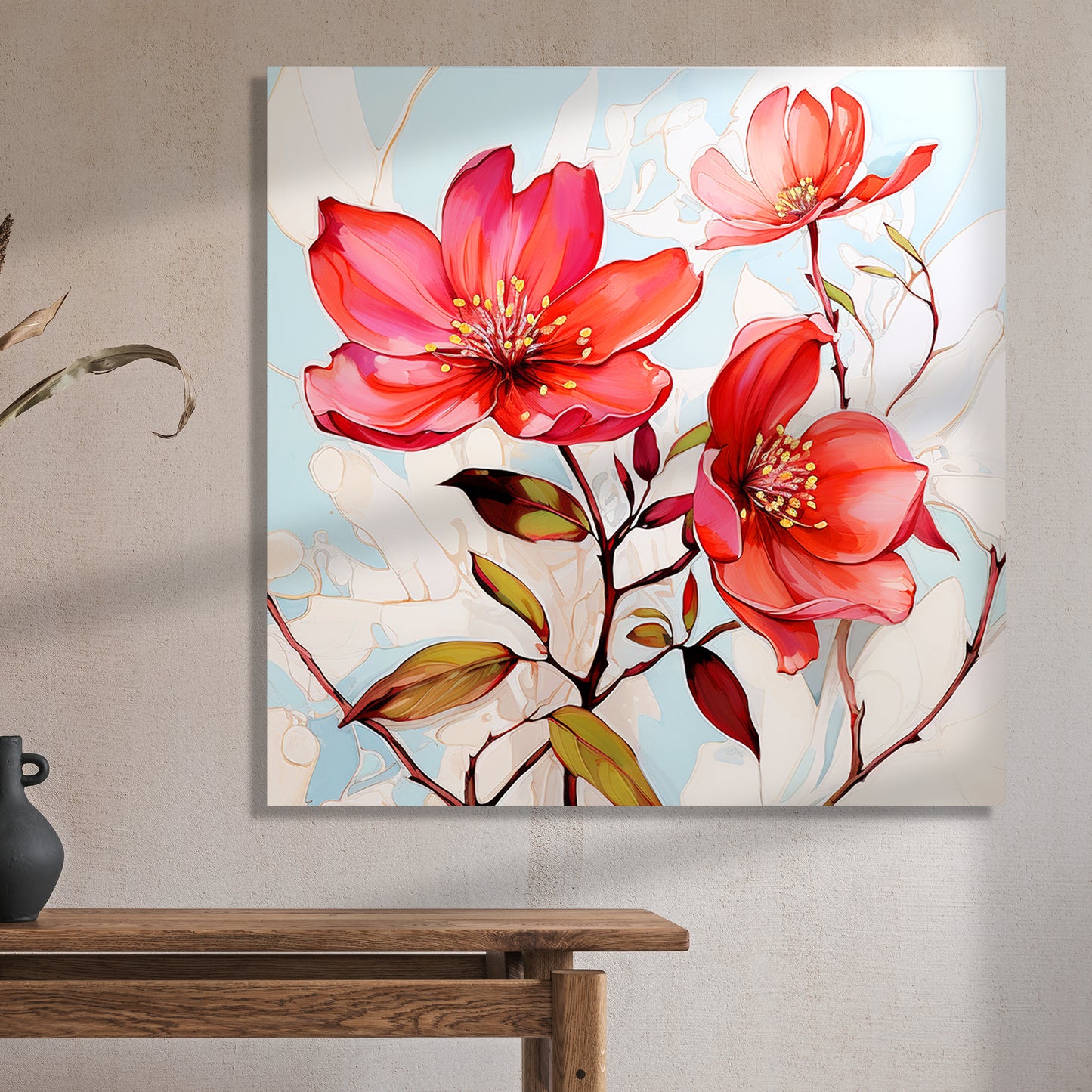 Vibrant Red Floral Canvas Painting for Living Room Bedroom Home and Office Wall Decor