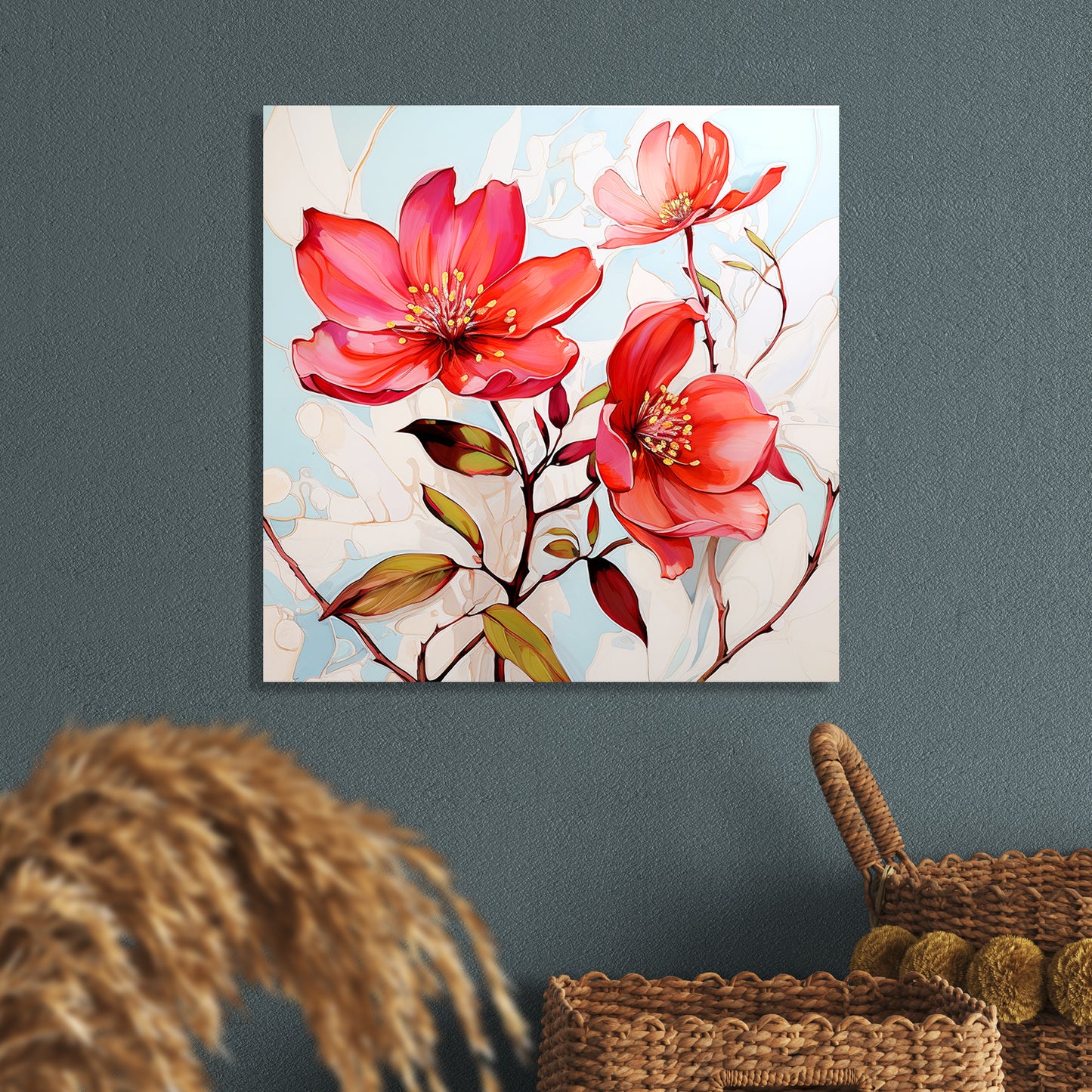 Vibrant Red Floral Canvas Painting for Living Room Bedroom Home and Office Wall Decor