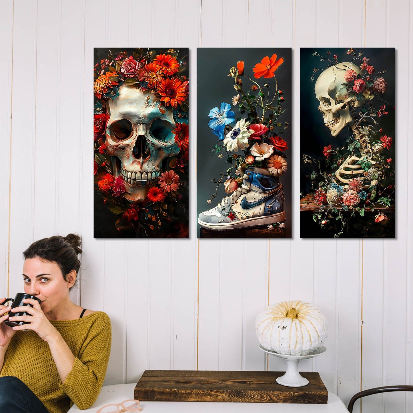 Floral Skull and Sneaker - Modern Gothic Canvas Art Set