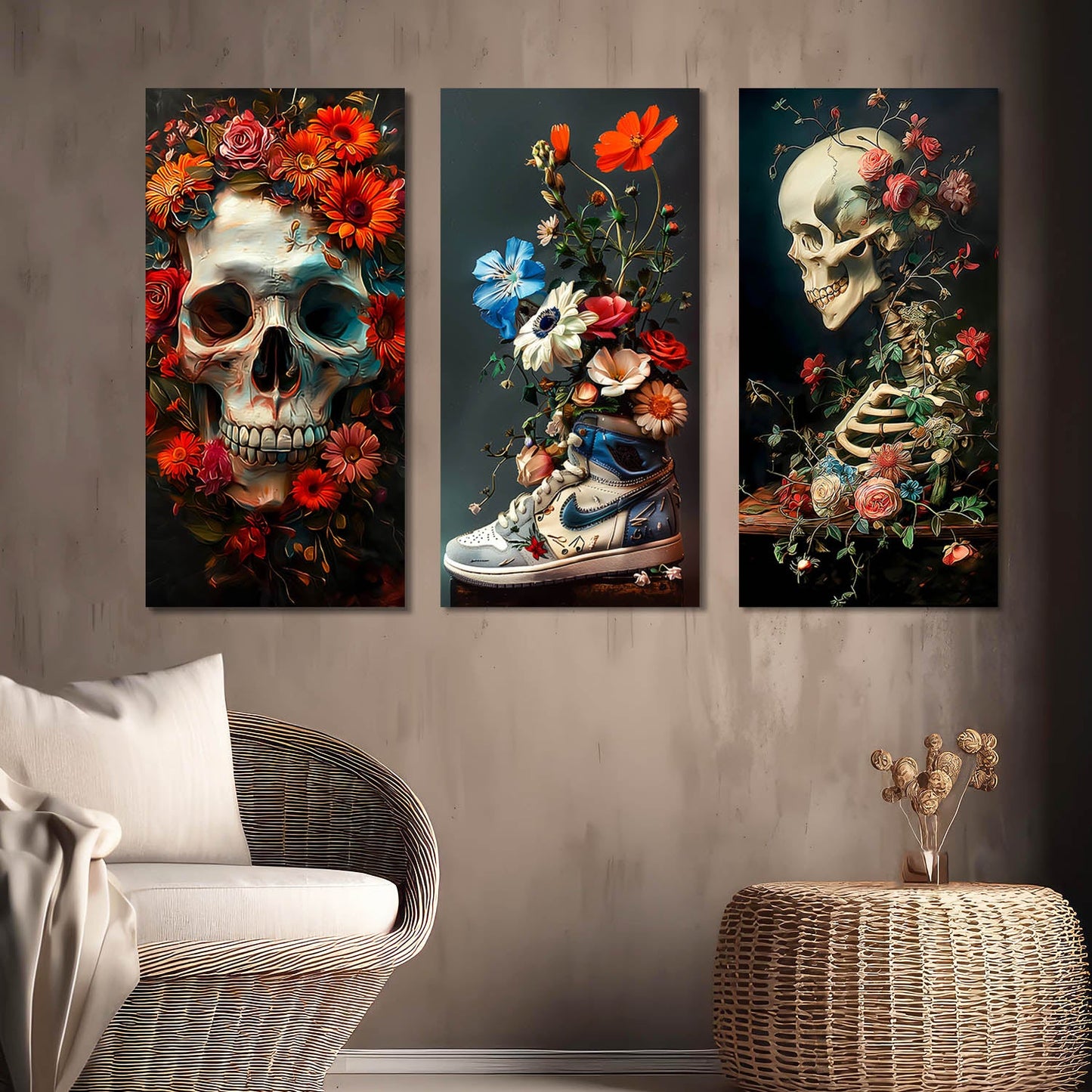 Floral Skull and Sneaker - Modern Gothic Canvas Art Set