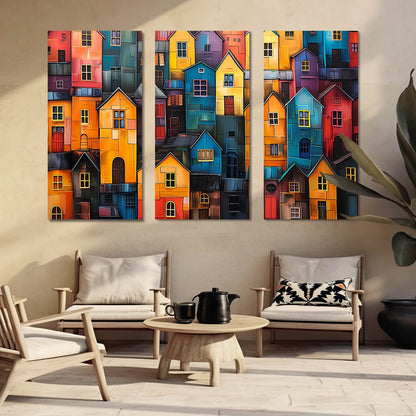 Colorful Urban Landscape - Abstract City Houses Canvas Art Set