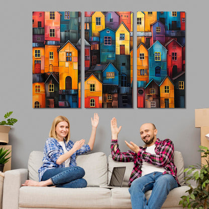 Colorful Urban Landscape - Abstract City Houses Canvas Art Set