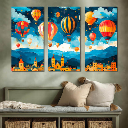 Enchanted Evening Sky - Hot Air Balloons Over Colorful Town Canvas Art Set