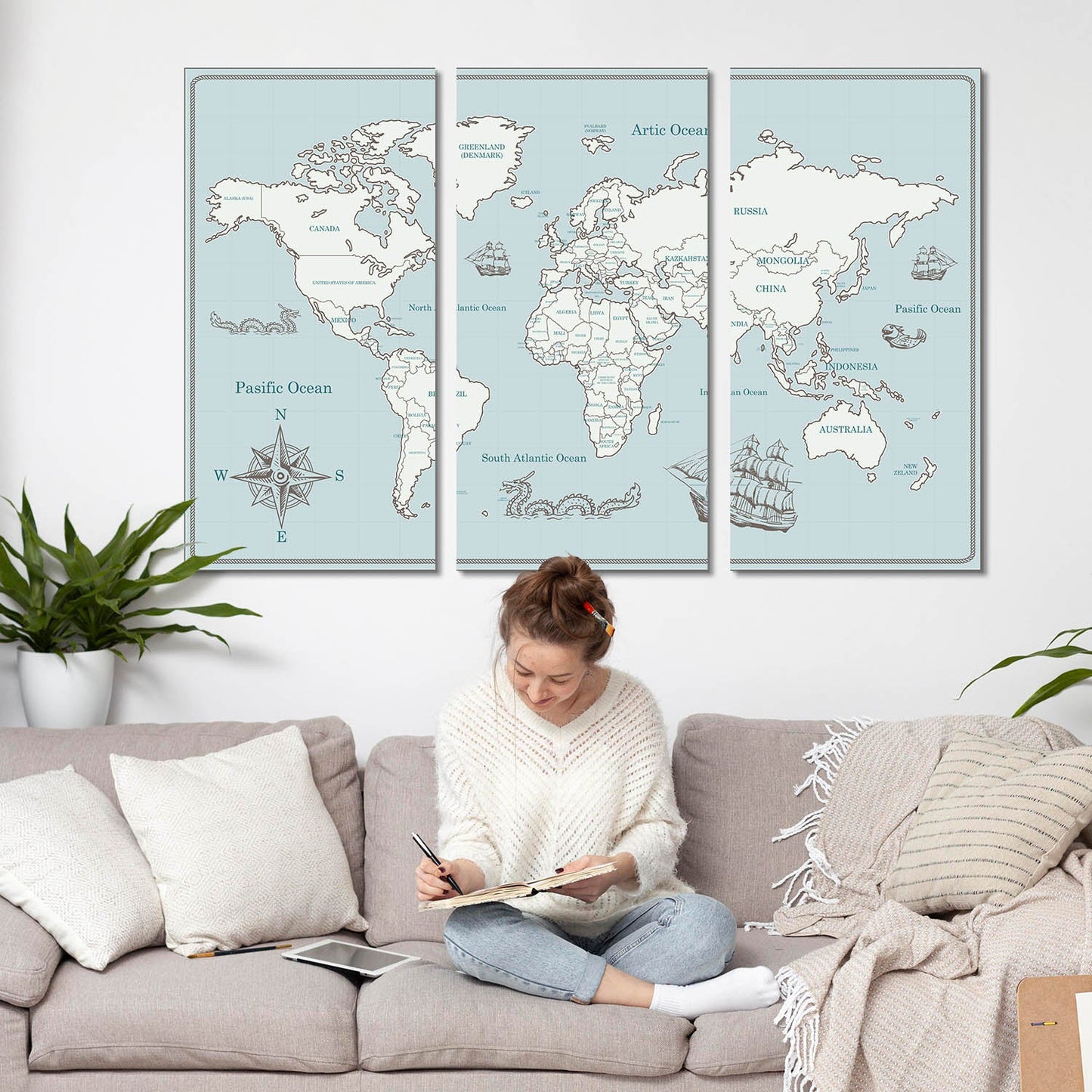 Map Wall Art Canvas, Wall Painting for Living Room Wall Decoration