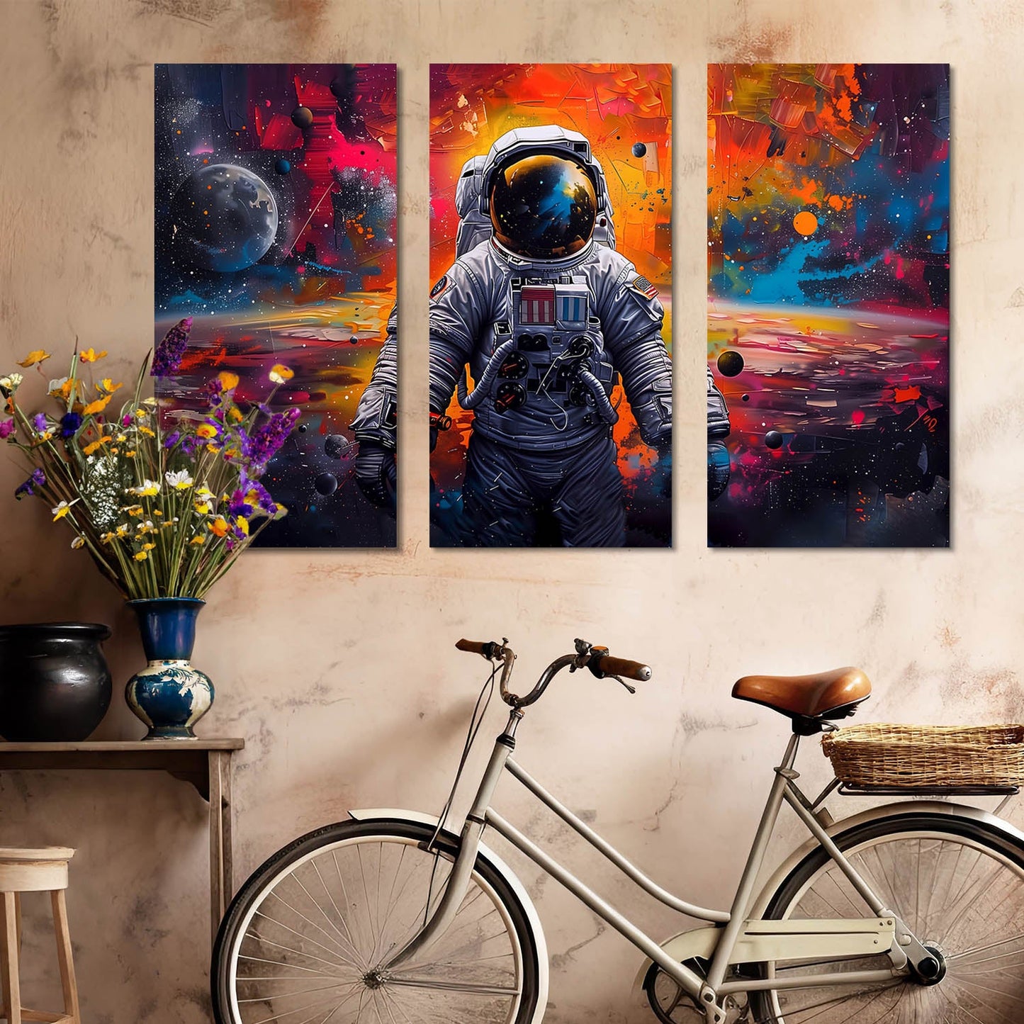 Astronaut in Cosmic Space - Vibrant Galaxy Canvas Wall Art Set