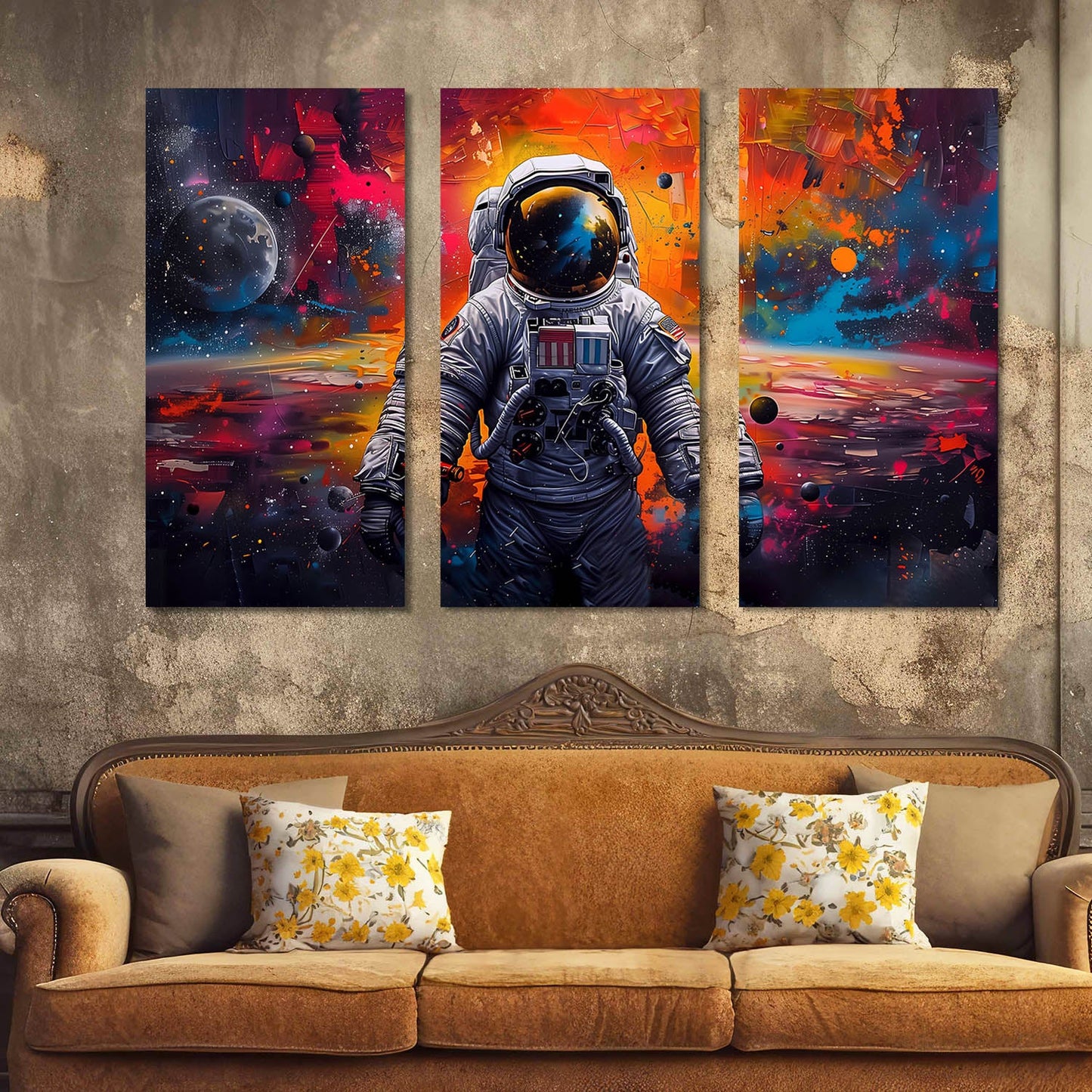 Astronaut in Cosmic Space - Vibrant Galaxy Canvas Wall Art Set