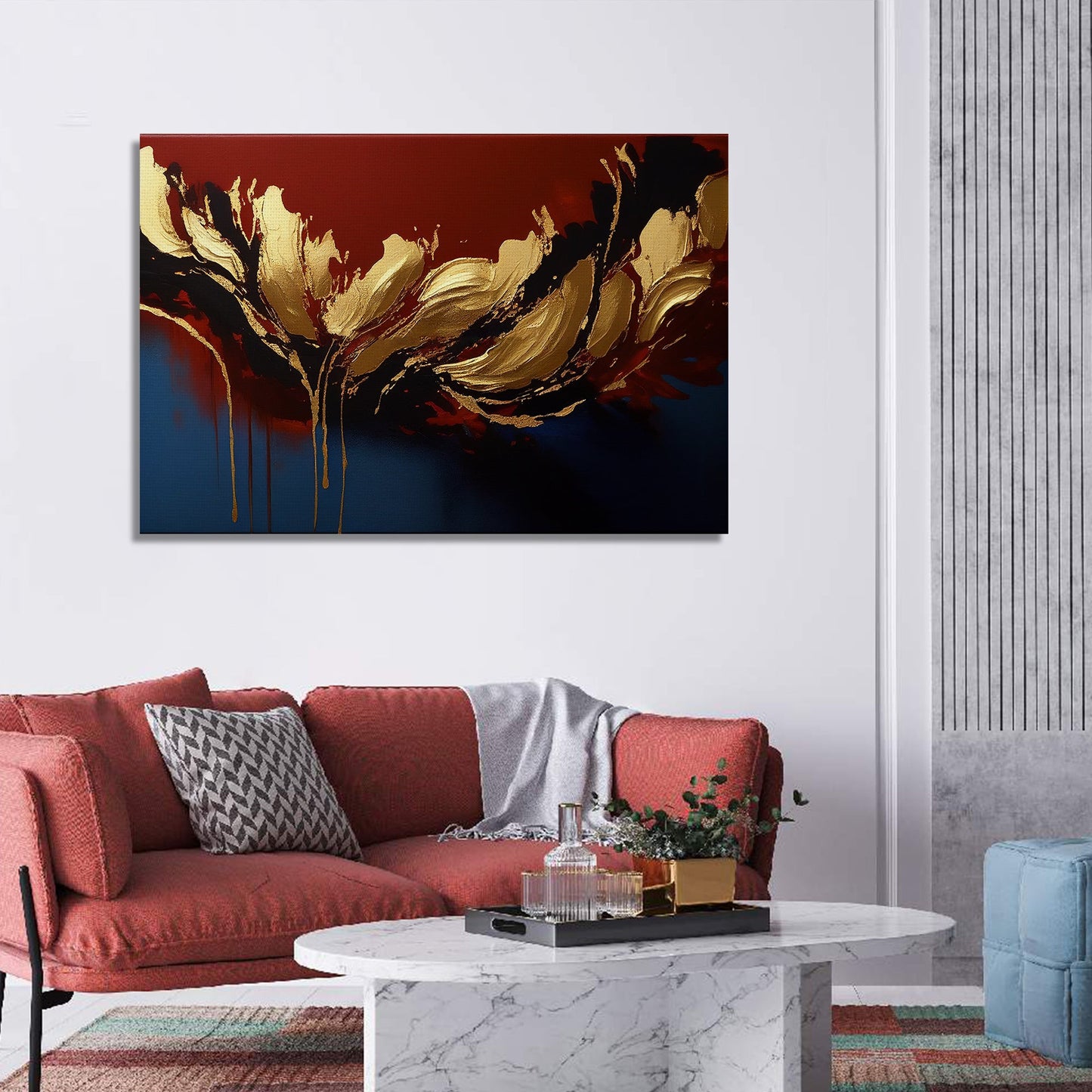 Modern Art Canvas Painting - Red and Golden Abstract Art Canvas for Living Room Wall Decor