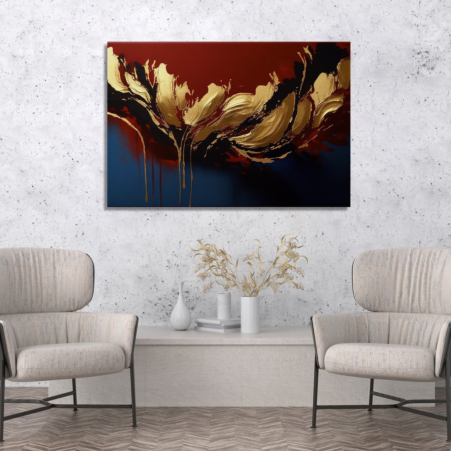 Modern Art Canvas Painting - Red and Golden Abstract Art Canvas for Living Room Wall Decor