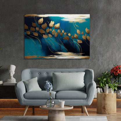 Modern Art Canvas Painting - Blue and Golden Abstract Art Canvas for Living Room Wall Decor