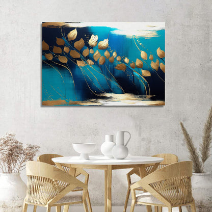 Modern Art Canvas Painting - Blue and Golden Abstract Art Canvas for Living Room Wall Decor