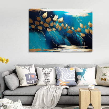 Modern Art Canvas Painting - Blue and Golden Abstract Art Canvas for Living Room Wall Decor