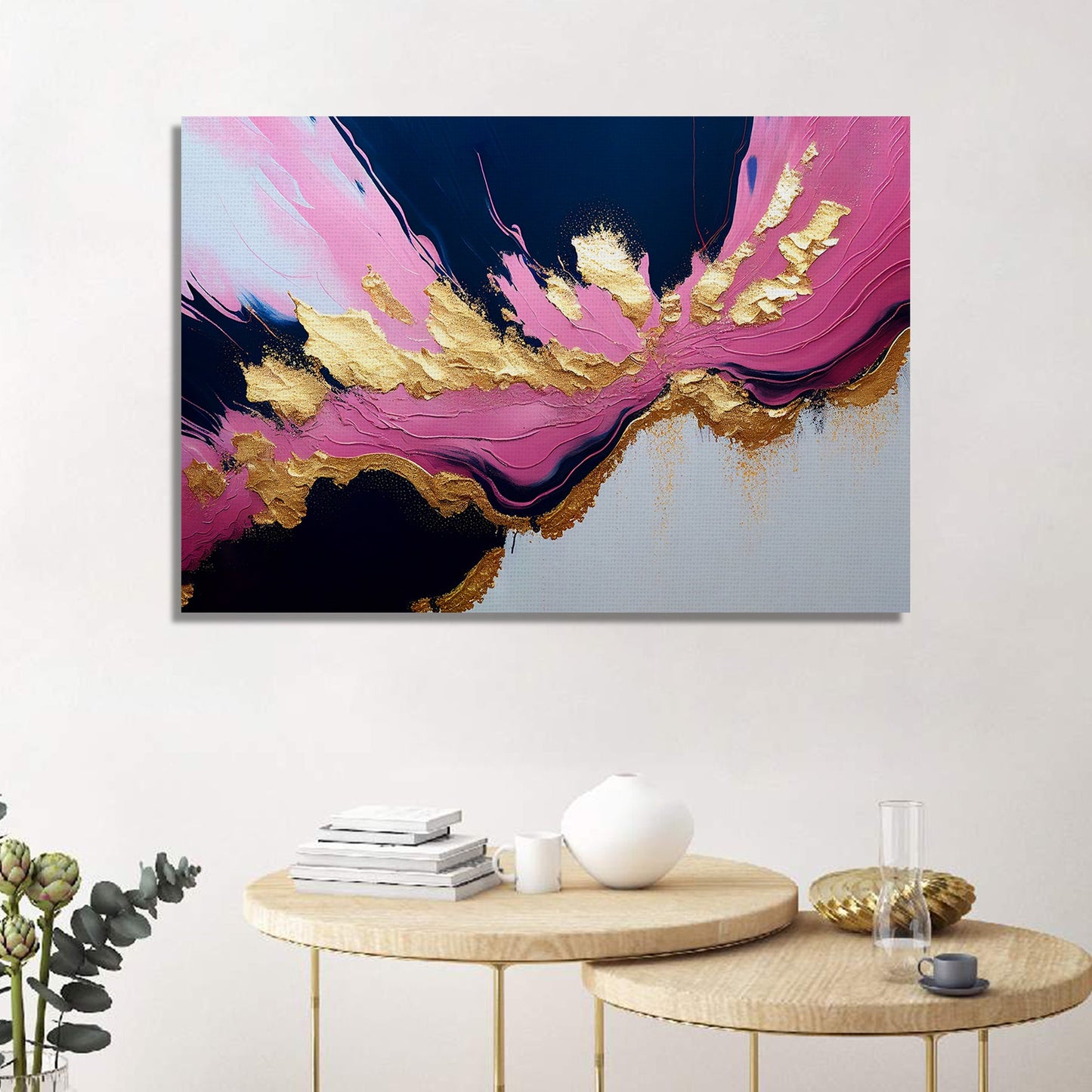 Modern Art Canvas Painting - Pink and Golden Abstract Art Canvas for Living Room Wall Decor