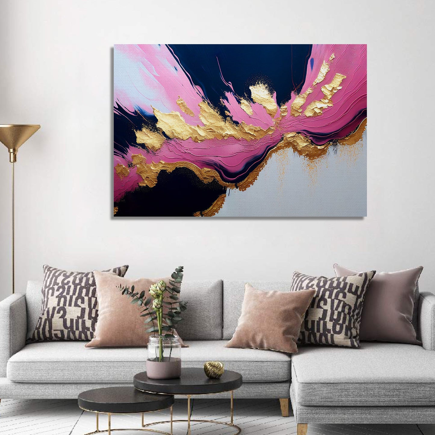 Modern Art Canvas Painting - Pink and Golden Abstract Art Canvas for Living Room Wall Decor