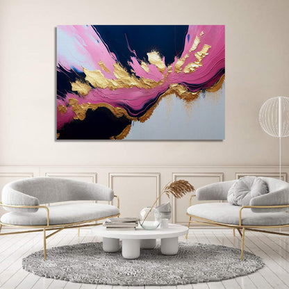 Modern Art Canvas Painting - Pink and Golden Abstract Art Canvas for Living Room Wall Decor