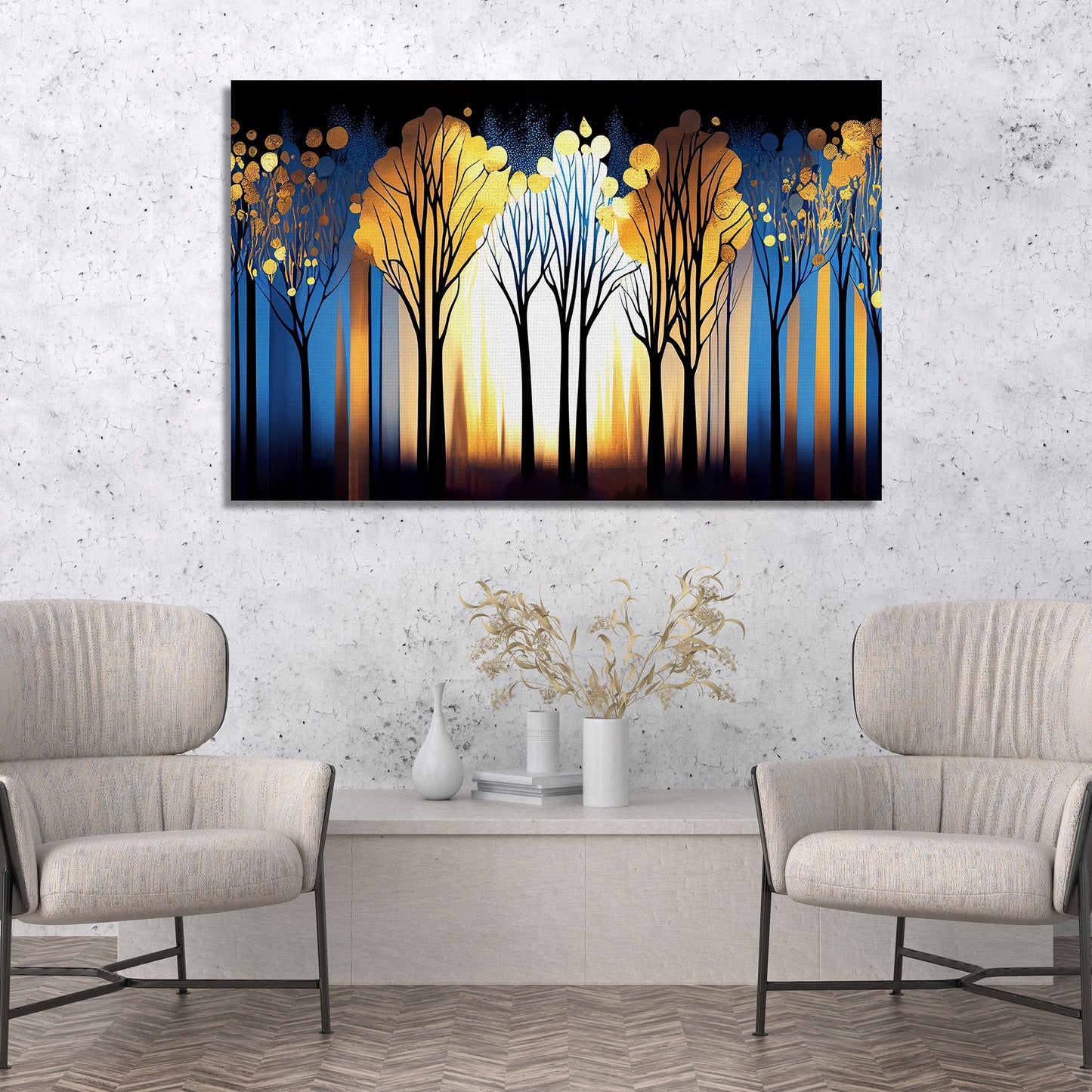 Blue and Golden Forest Canvas Painting for Home Decor - Modern Art Canvas