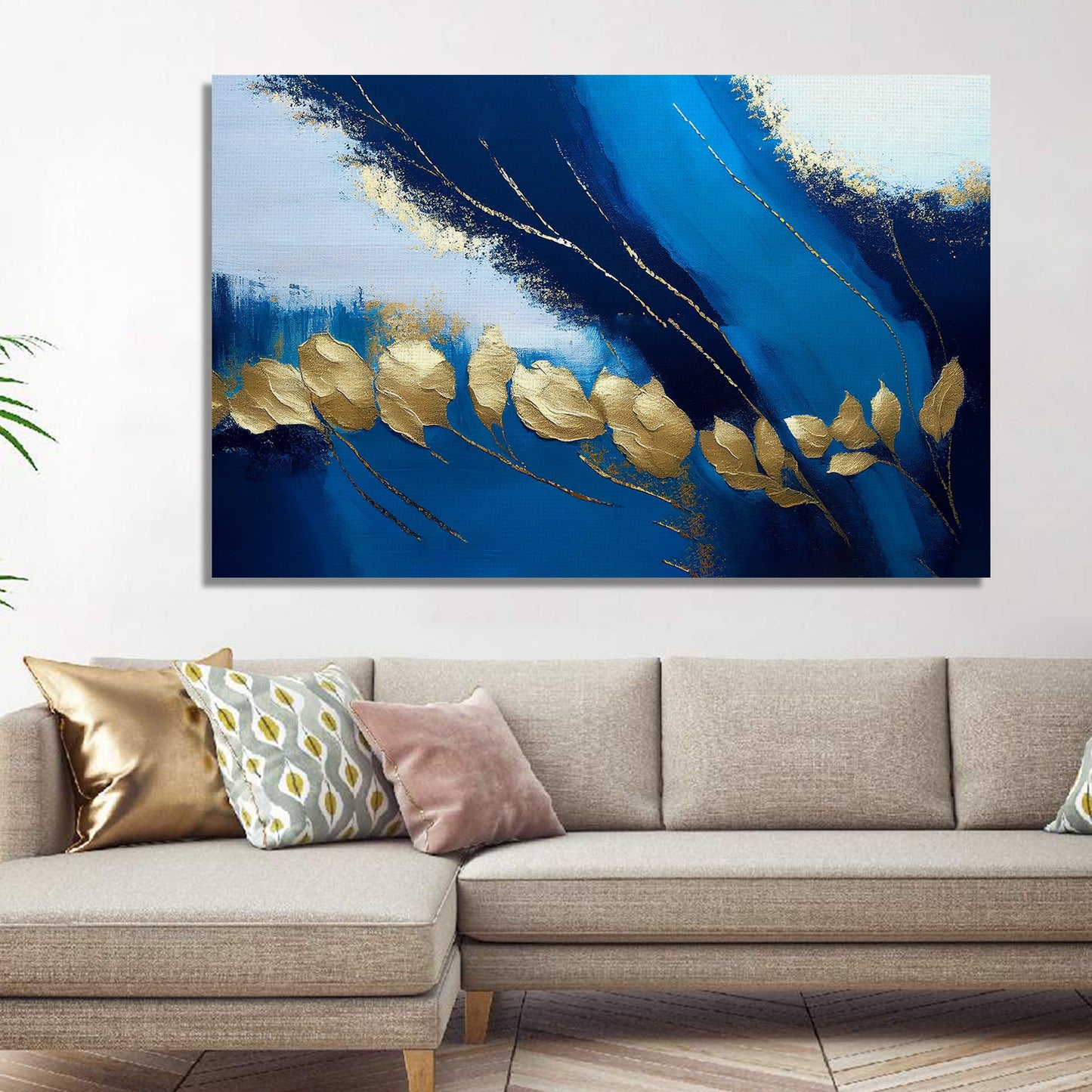 Blue and Golden Canvas Painting - Modern Abstract Art Canvas for Home and Office Decor