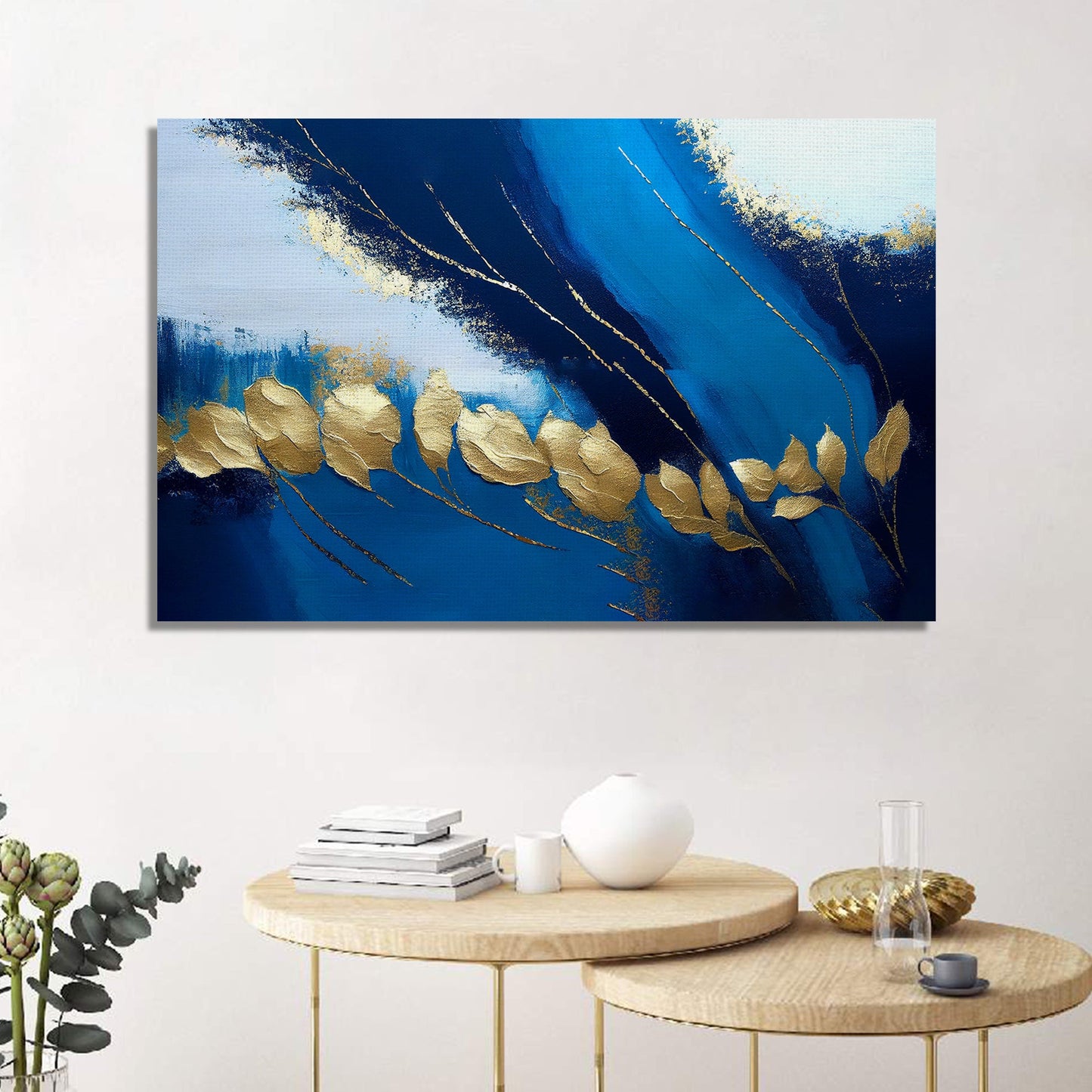 Blue and Golden Canvas Painting - Modern Abstract Art Canvas for Home and Office Decor