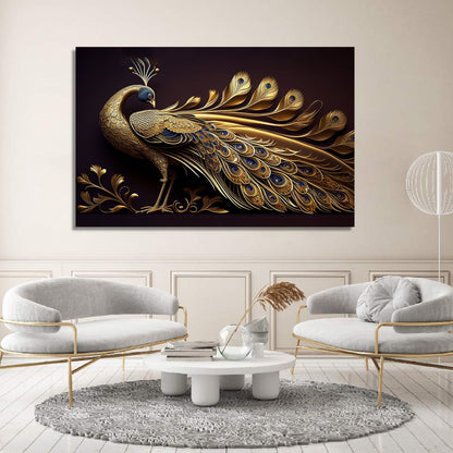 Beautiful Golden Color Peacock Art Canvas Painting