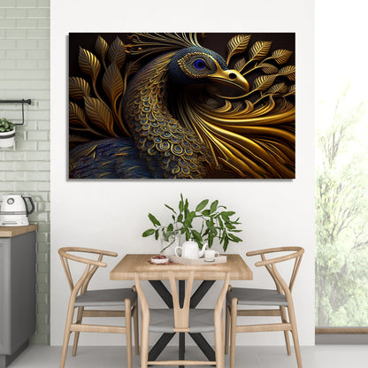 Beautiful Black and Golden Color Peacock Art Canvas Painting - Modern Art Canvas