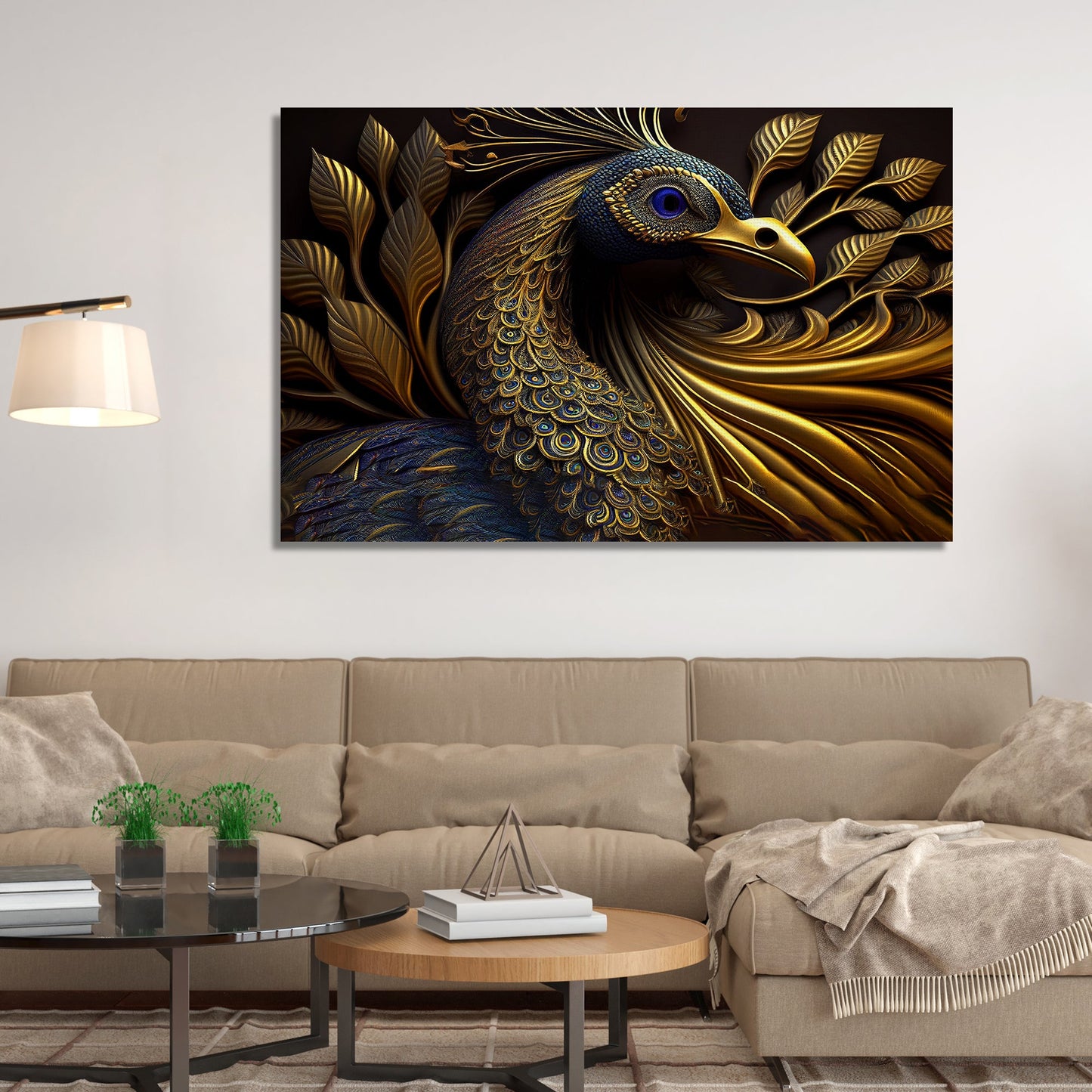 Beautiful Black and Golden Color Peacock Art Canvas Painting - Modern Art Canvas