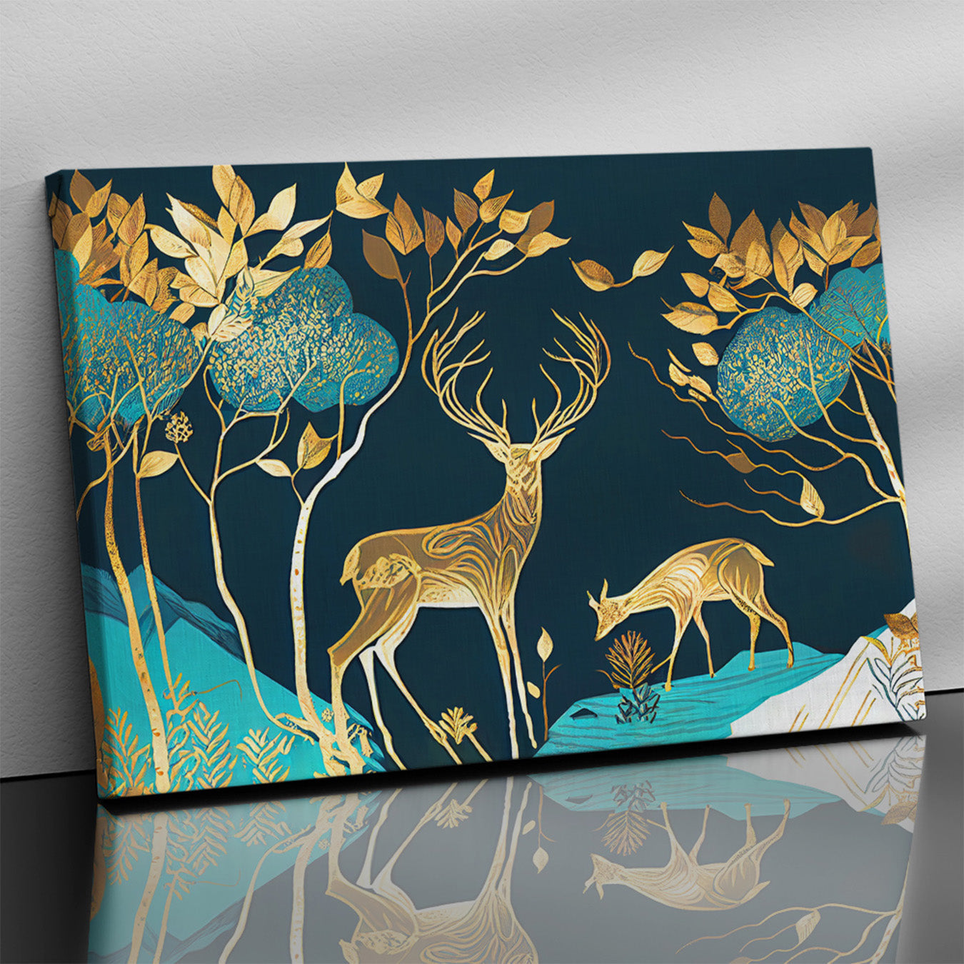 Nature Inspired Modern Deer Art Canvas Painting - Green and Golden