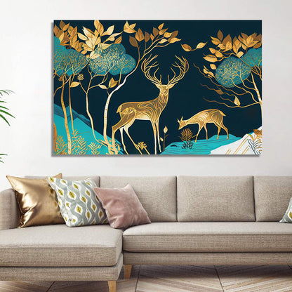 Nature Inspired Modern Deer Art Canvas Painting - Green and Golden