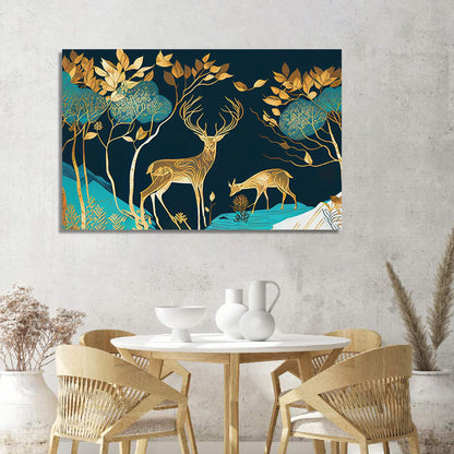 Nature Inspired Modern Deer Art Canvas Painting - Green and Golden