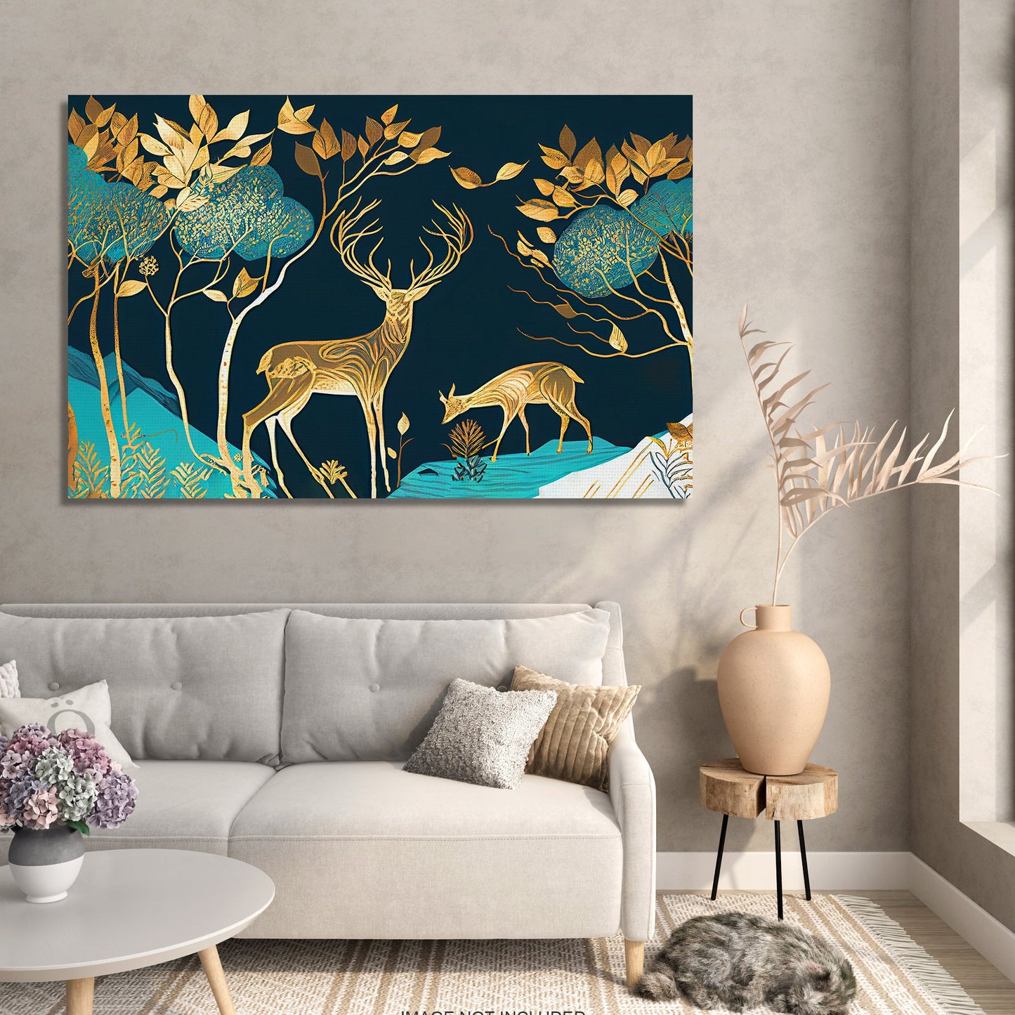 Nature Inspired Modern Deer Art Canvas Painting - Green and Golden