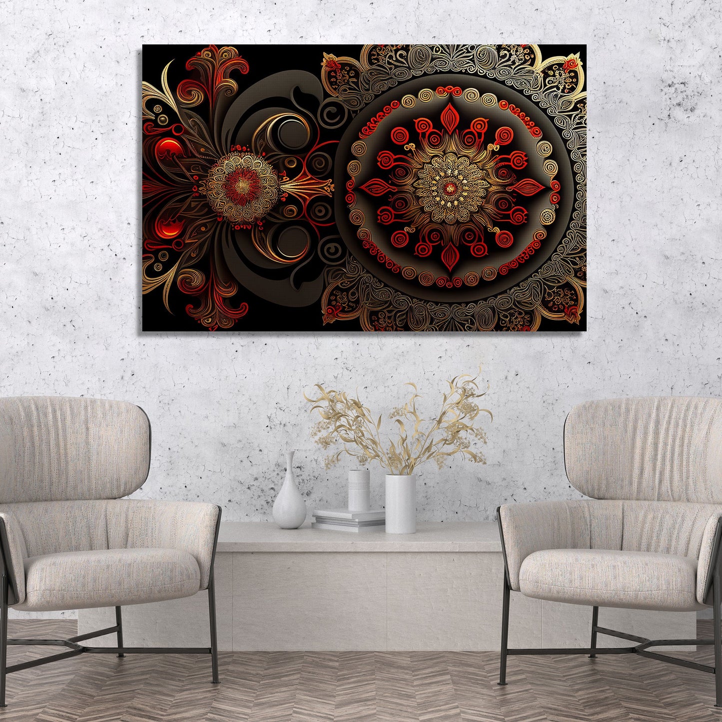 Modern Mandala Art Canvas Painting for Home Living Room and Office Wall Decor - Red