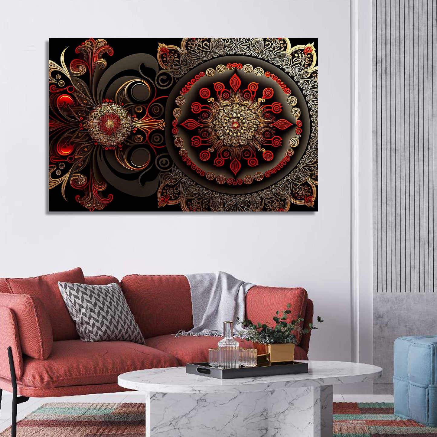 Modern Mandala Art Canvas Painting for Home Living Room and Office Wall Decor - Red