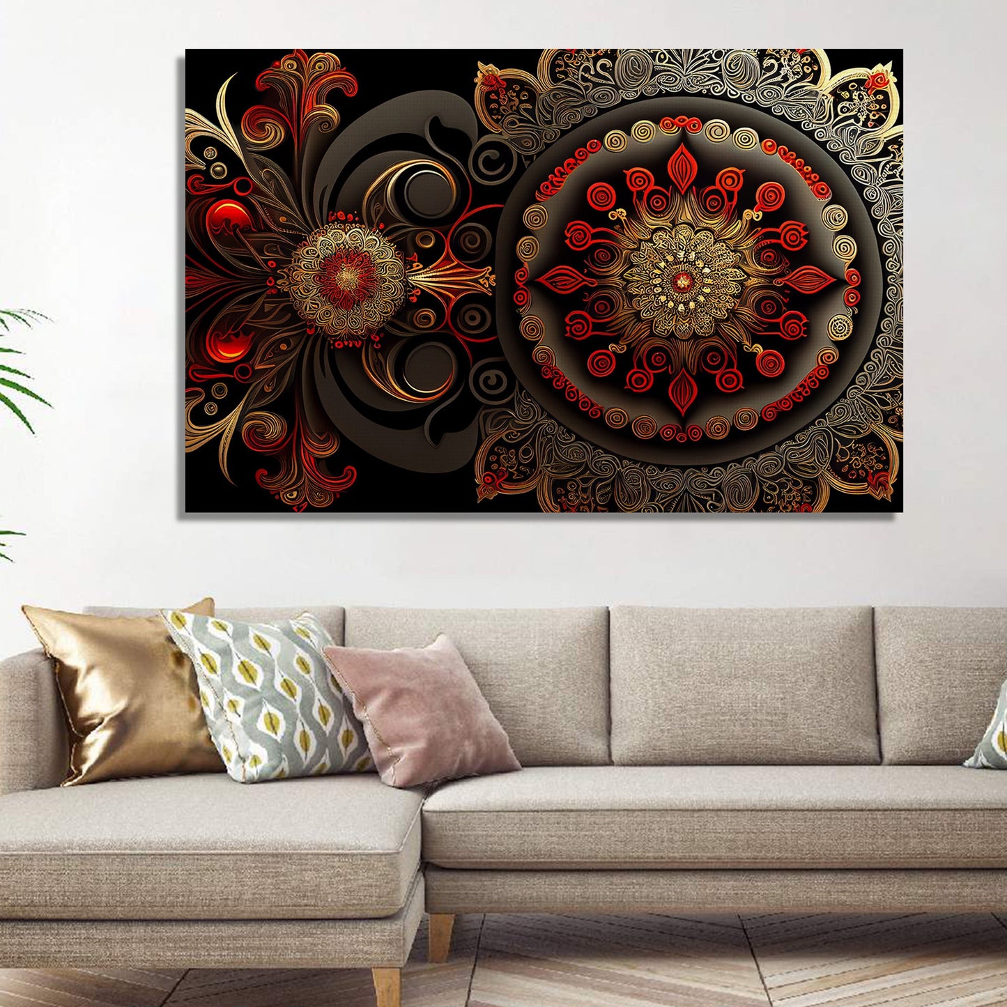 Modern Mandala Art Canvas Painting for Home Living Room and Office Wall Decor - Red