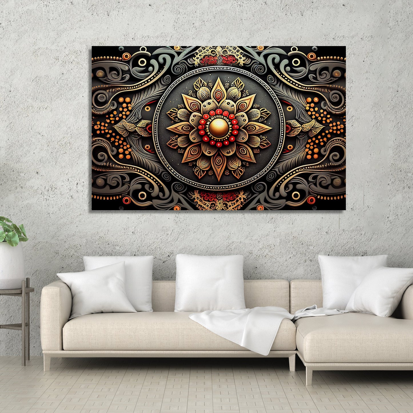 Modern Mandala Art Canvas Painting for Home Living Room and Office Wall Decor - Red