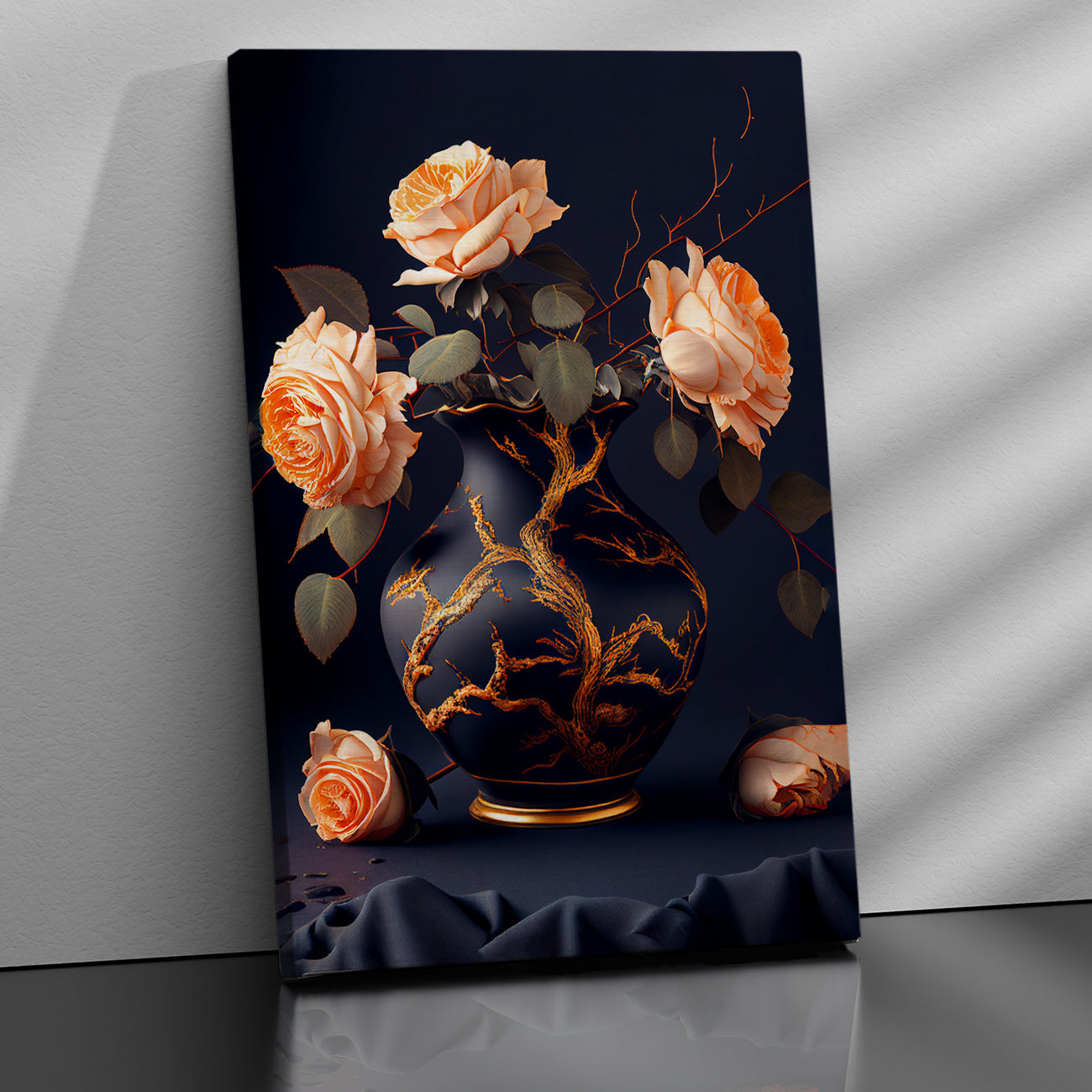 Beautiful Black and Peach Floral Canvas Painting for Living Room Bedrooms Home and Office Wall