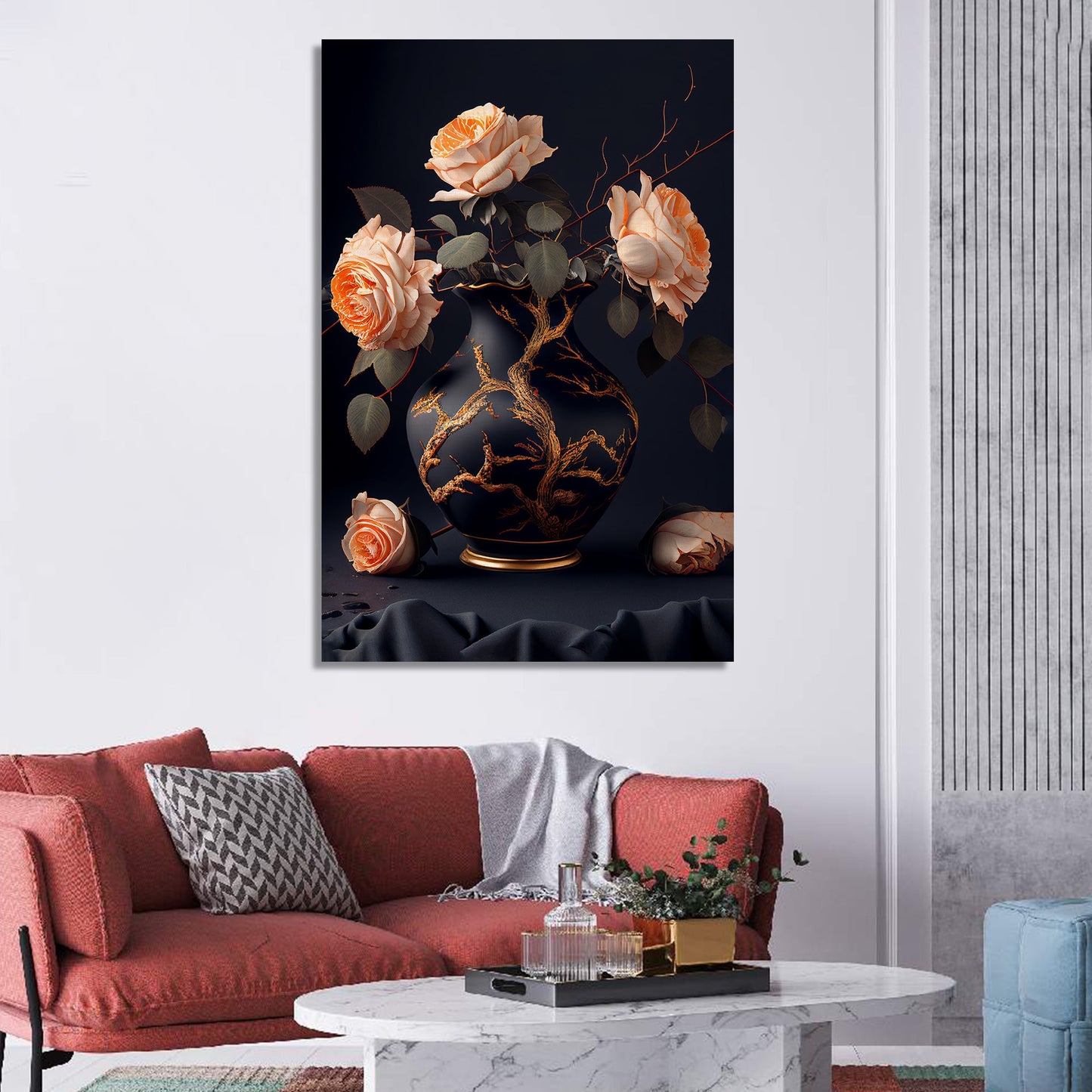 Beautiful Black and Peach Floral Canvas Painting for Living Room Bedrooms Home and Office Wall