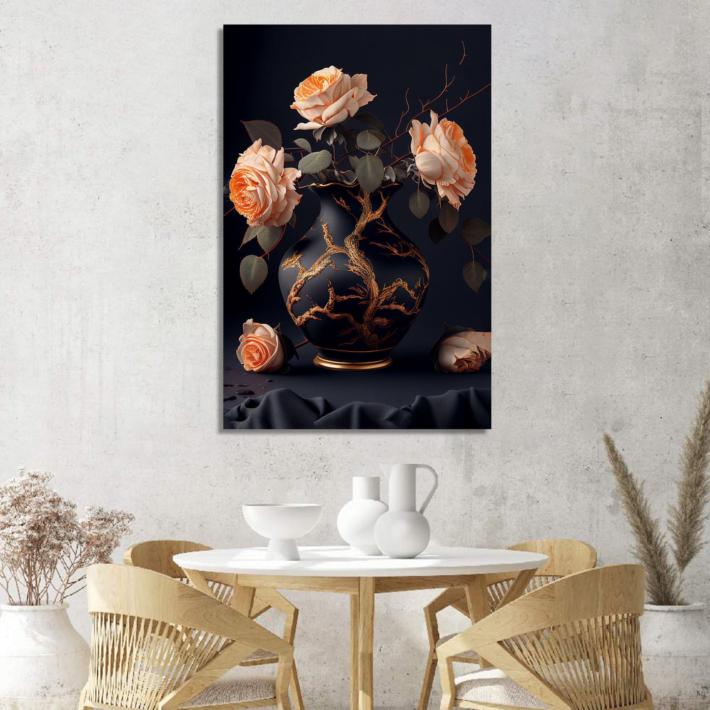 Beautiful Black and Peach Floral Canvas Painting for Living Room Bedrooms Home and Office Wall