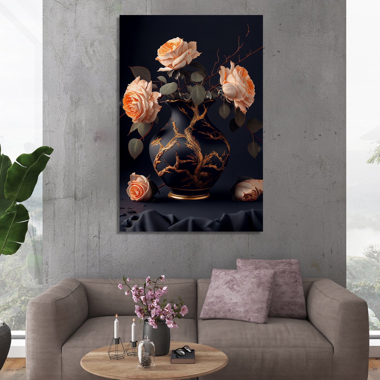 Beautiful Black and Peach Floral Canvas Painting for Living Room Bedrooms Home and Office Wall