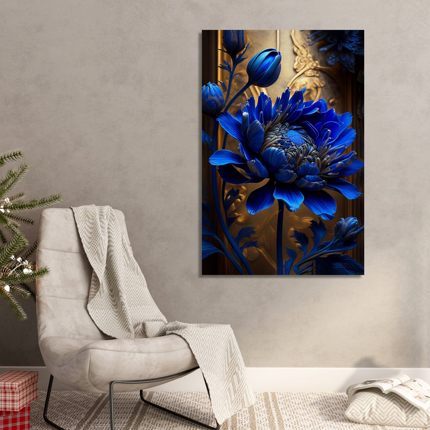 Magnificent Vibrant Blue Flower Canvas Painting for Living Room Bedroom Home Wall Decor